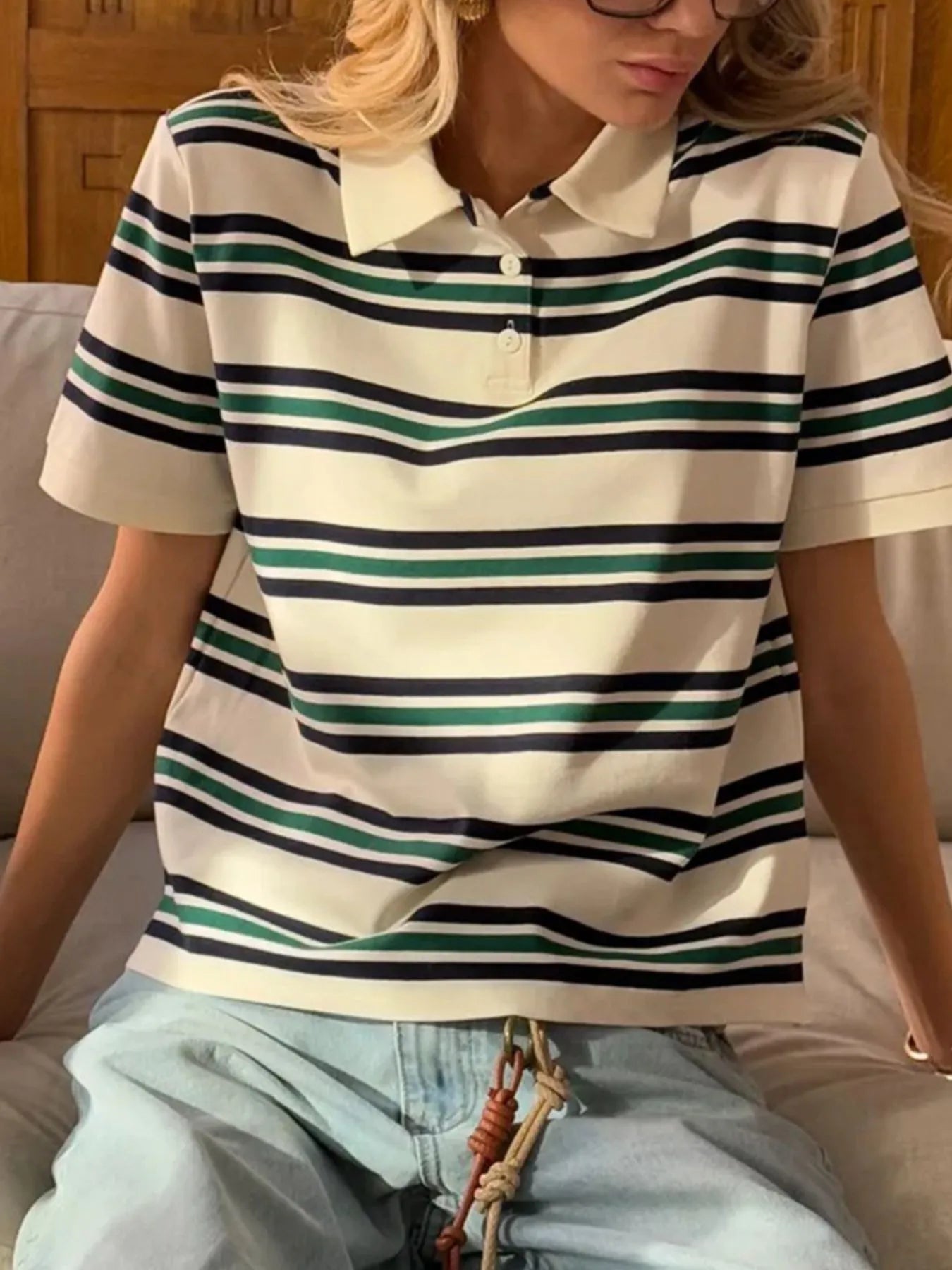 Trendsi Striped Polo T-Shirt with Contrast Collar