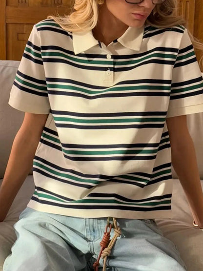 Trendsi Striped Polo T-Shirt with Contrast Collar