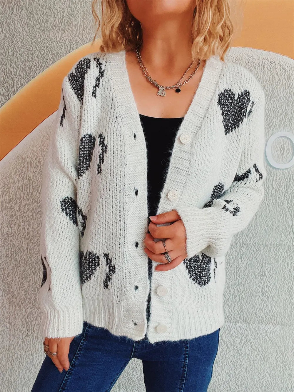 Heart Button Up Long Sleeve Cardigan White One Size Easy Apparels