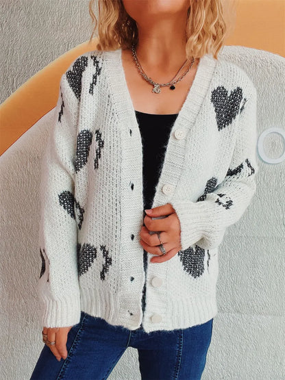 Heart Button Up Long Sleeve Cardigan White One Size Easy Apparels