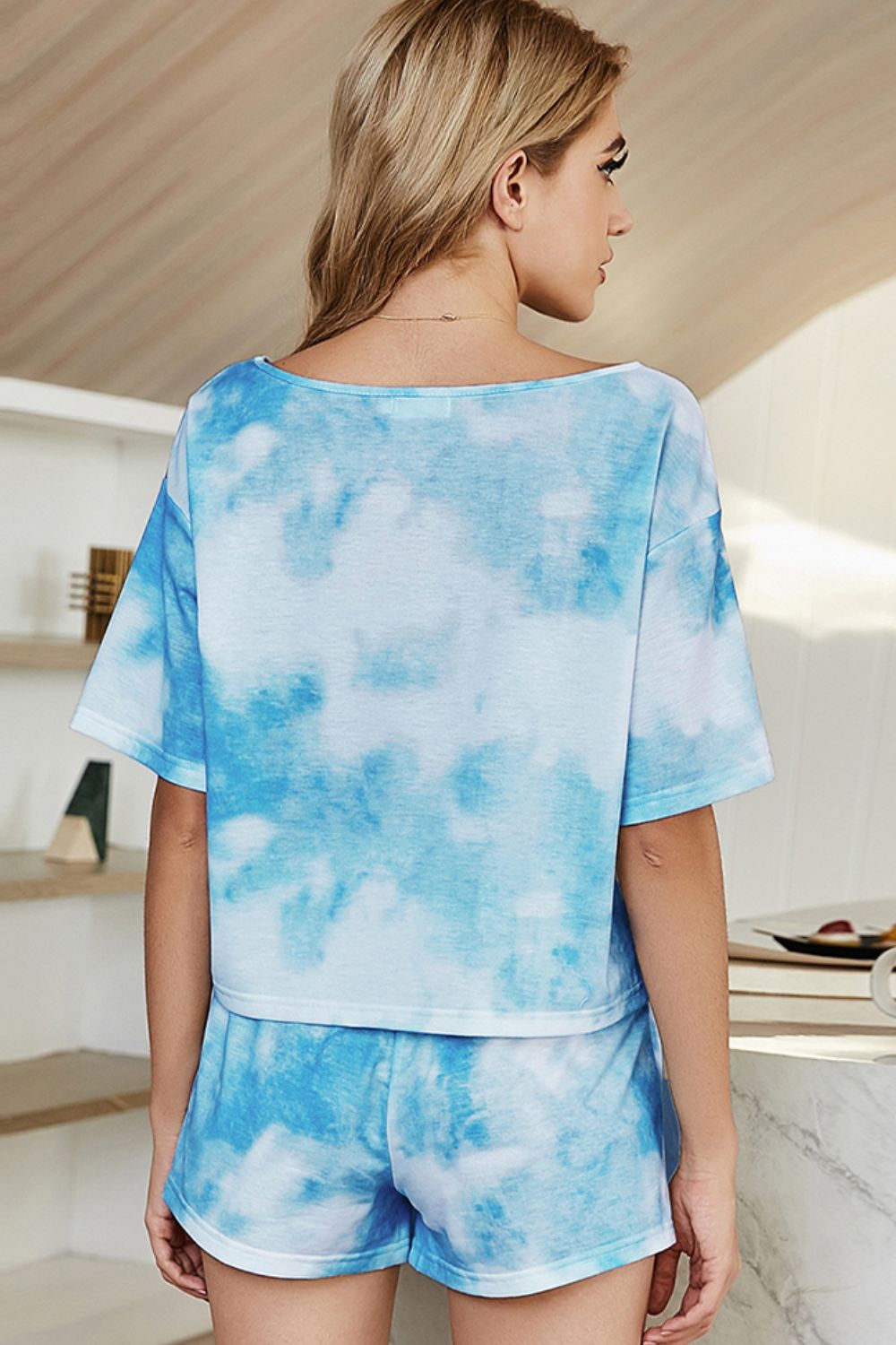 Shiny Tie-Dye Boat Neck Top and Shorts Lounge Set Easy Apparels