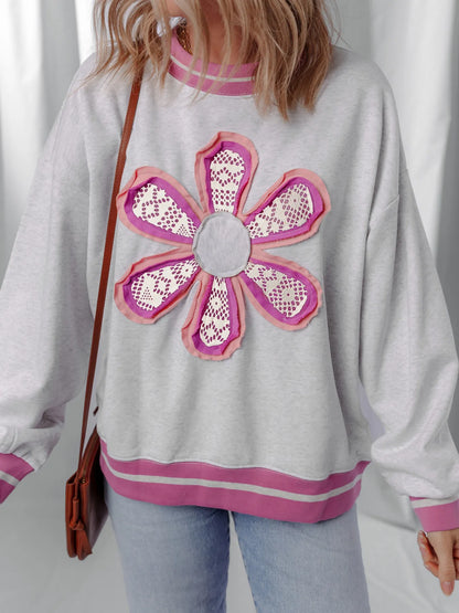 Trendsi Flower Patch Contrast Trim Crew Neck Sweatshirt Gray