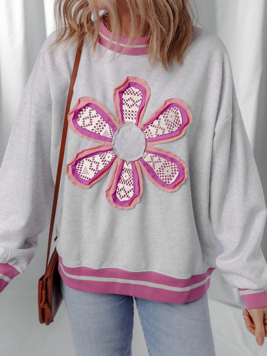 Trendsi Flower Patch Contrast Trim Crew Neck Sweatshirt Gray