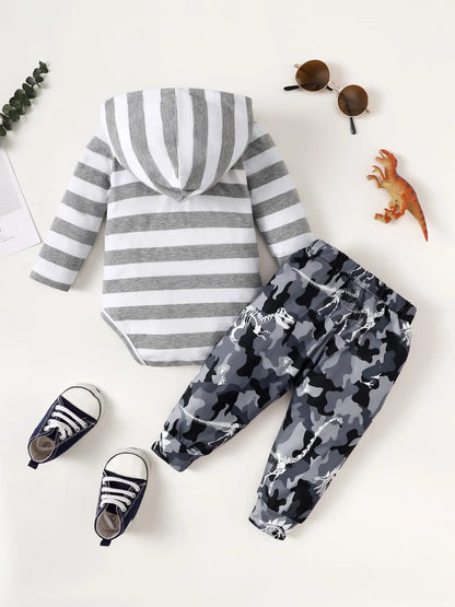Children's Striped Hooded Bodysuit and Camouflage Pants Set Easy Apparels