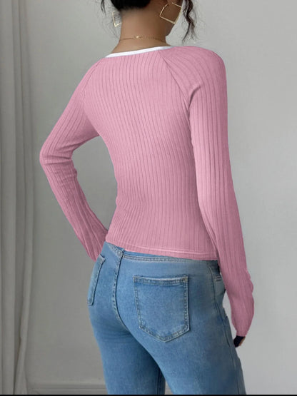 Trendsi Contrast Trim Long Sleeve T-Shirt