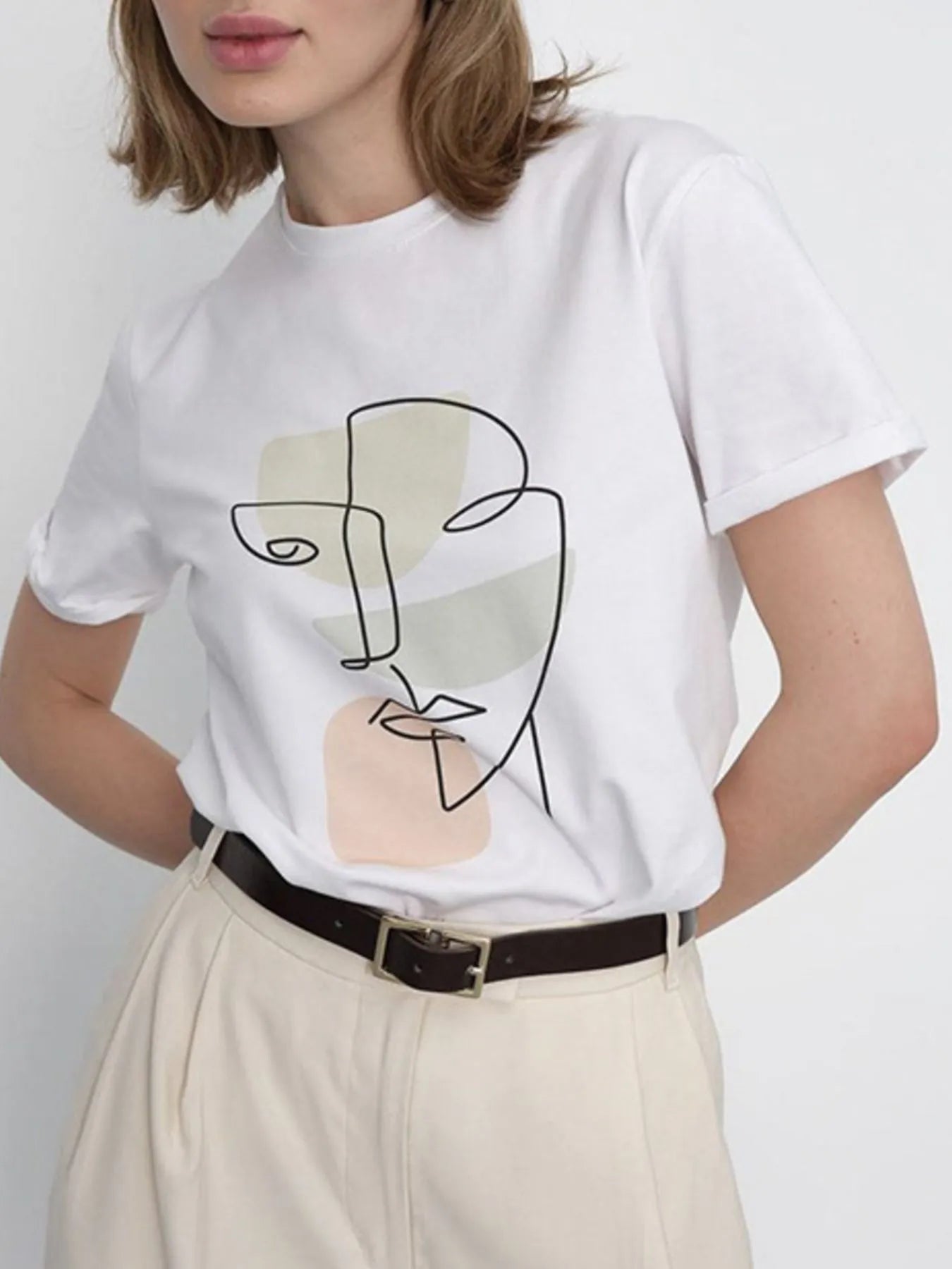 Trendsi Abstract Face Graphic Casual Round Neck T-Shirt Sage