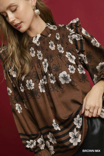 Trendsi Umgee Full Size Mix Floral Smocked Ruffle Blouse Plus Size