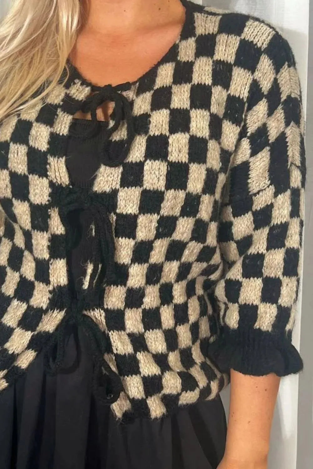Double Take Tied Checkered Dropped Shoulder Flounce Sleeve Cardigan Easy Apparels