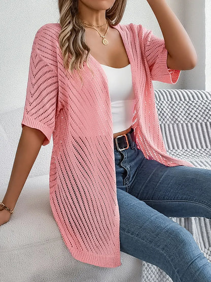 Openwork Open Front Half Sleeve Cardigan Pink Easy Apparels