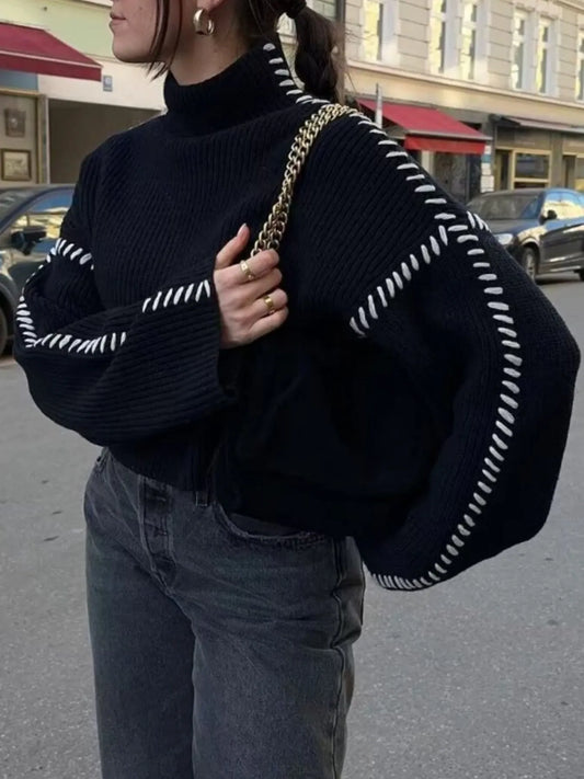 Trendsi Contrast Mock Neck Long Sleeve Sweater Black