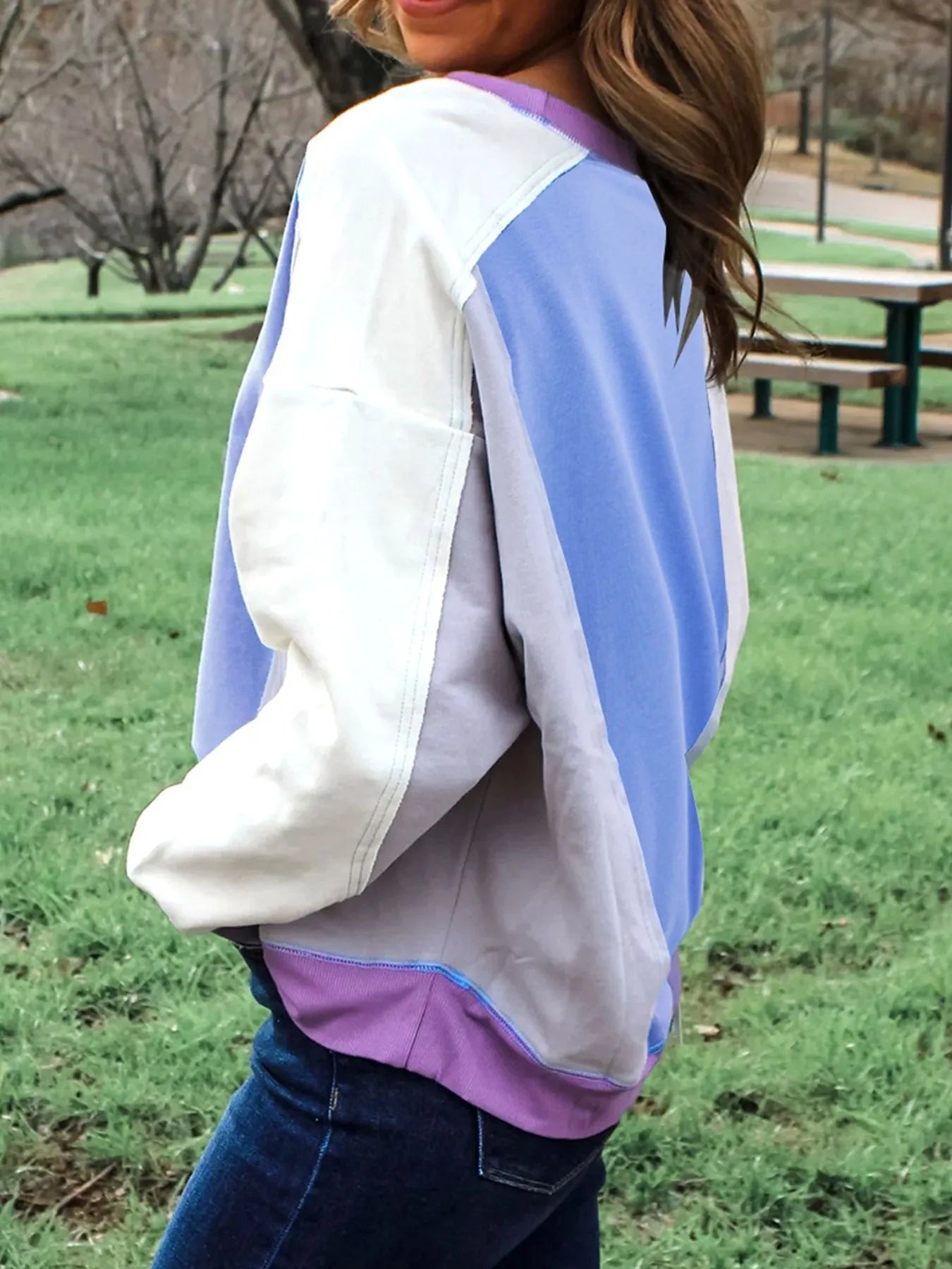 Trendsi Exposed Seam Colorblock Patchwork Ribbed Trim Sweatshirt