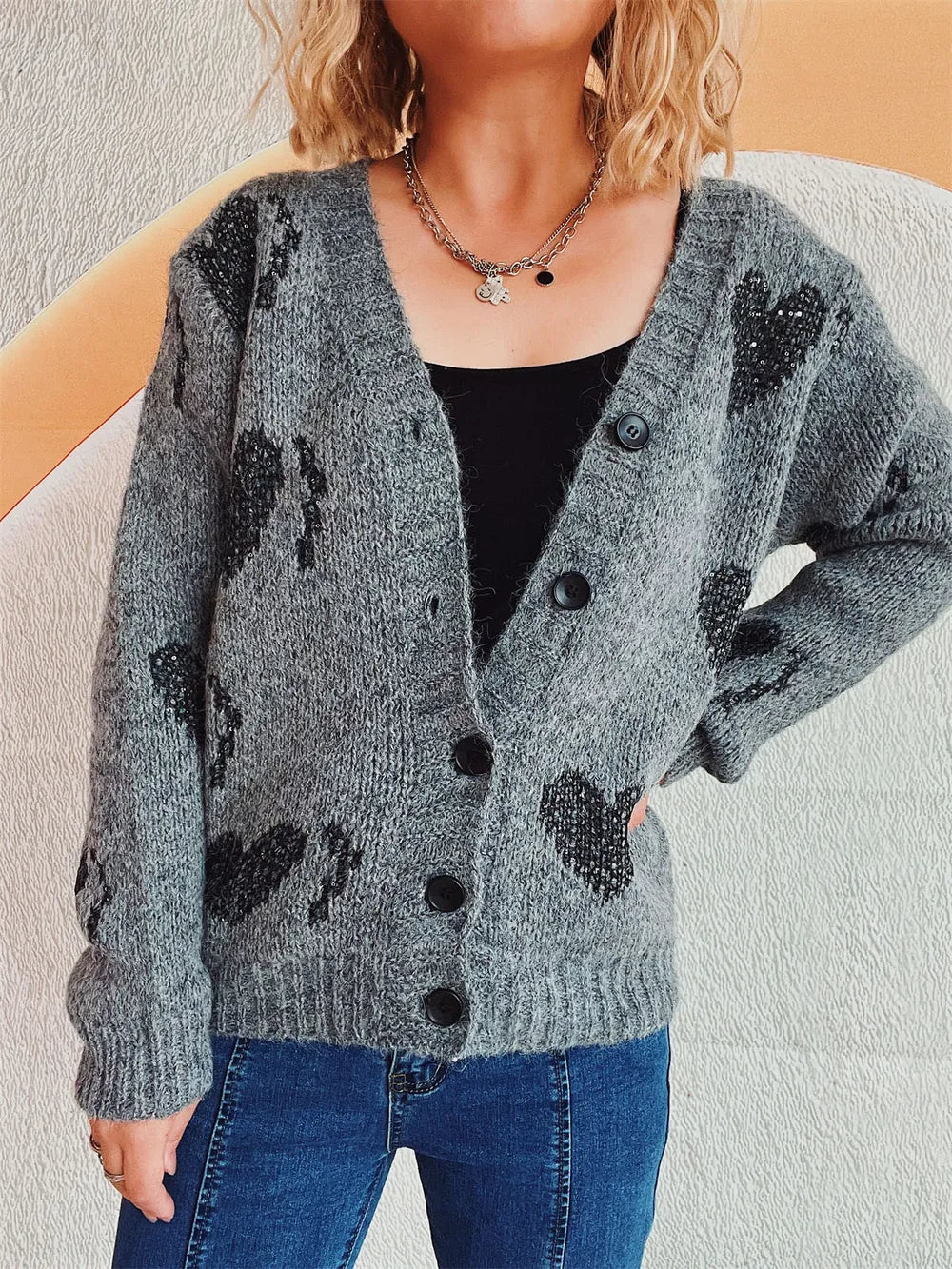 Heart Button Up Long Sleeve Cardigan Easy Apparels