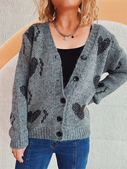 Heart Button Up Long Sleeve Cardigan Easy Apparels