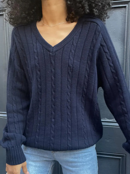 Trendsi Cable Knit V-Neck Pullover Sweater Navy