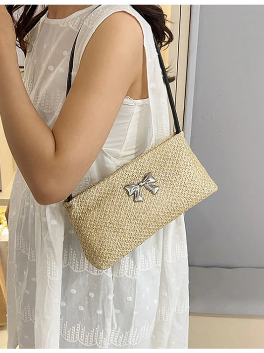 Woven Straw Shoulder Bag with Bow Detail Easy Apparels