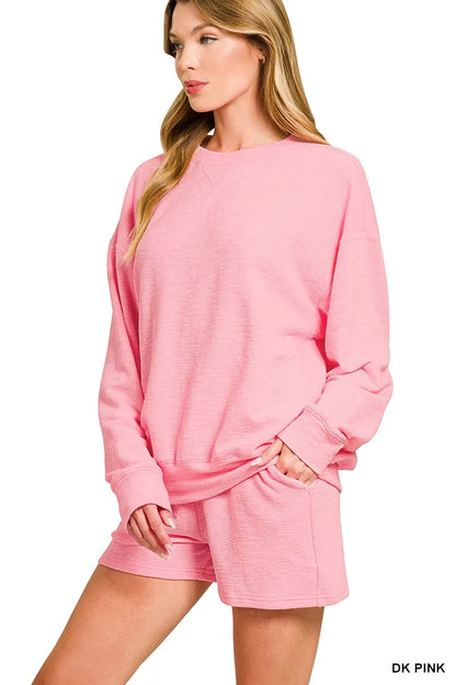 Zenana Slub Long Sleeve Top and Shorts Set Easy Apparels