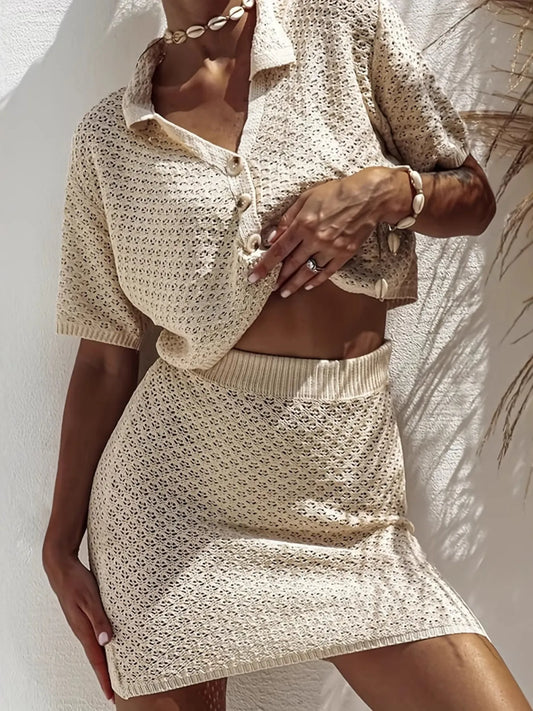 Openwork Button Up Top and Skirt Sweater Set Apricot Easy Apparels