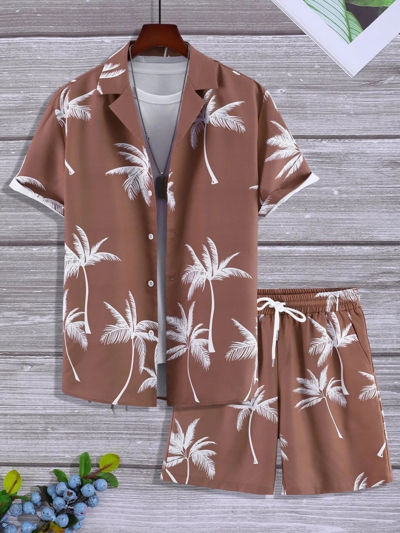 Men's Full Size Palm Print Button Up Shirt and Shorts Set Plus Size Caramel Easy Apparels