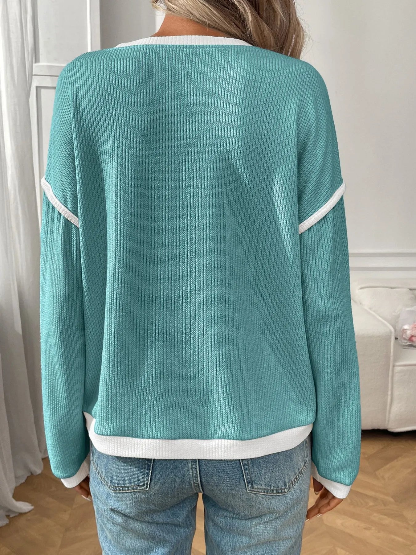 Trendsi Ribbed Contrast Trim Long Sleeve Top