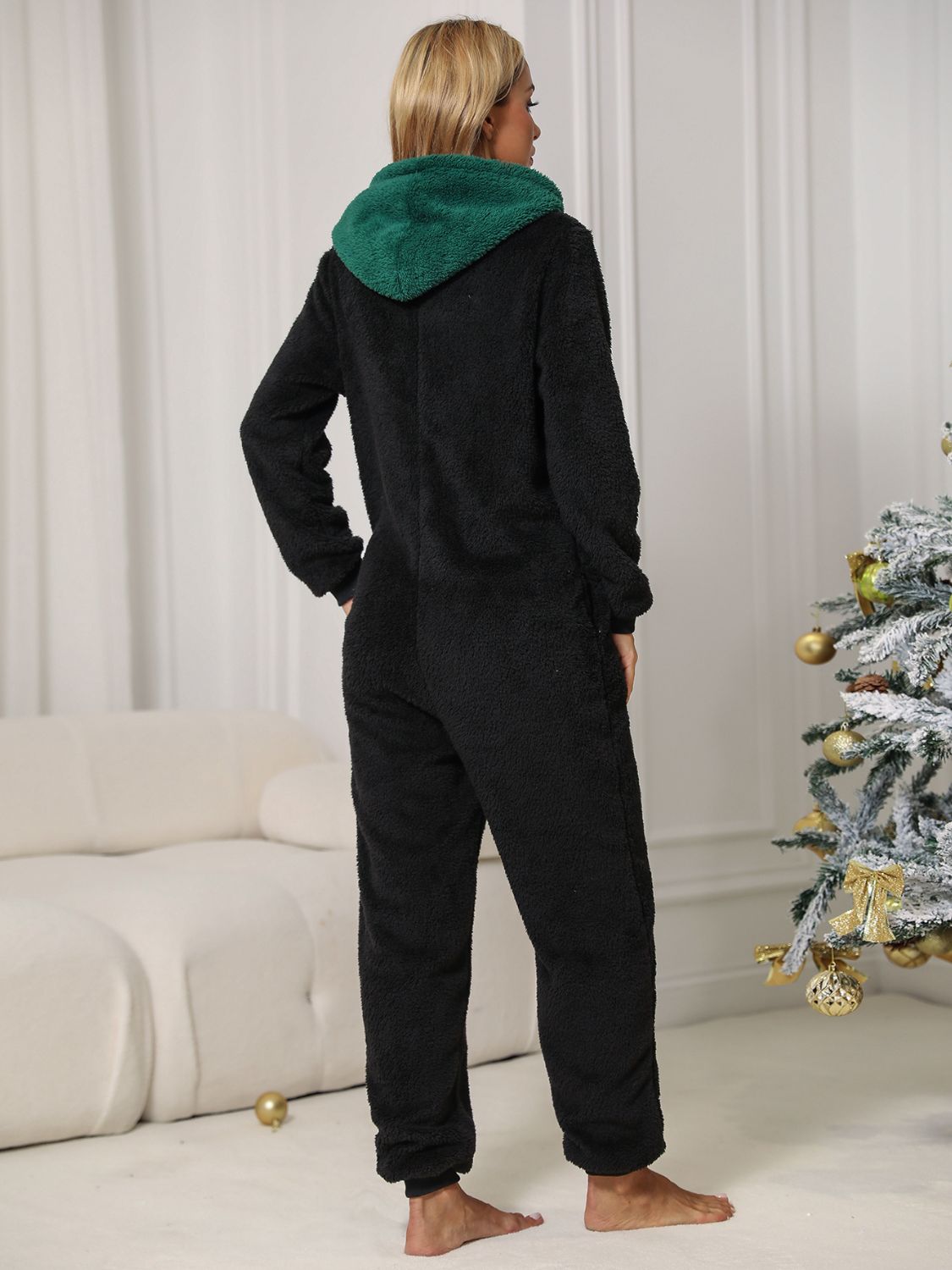 Pom-Pom Trim Zip Front Hooded Lounge Jumpsuit Easy Apparels