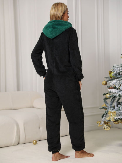 Pom-Pom Trim Zip Front Hooded Lounge Jumpsuit Easy Apparels