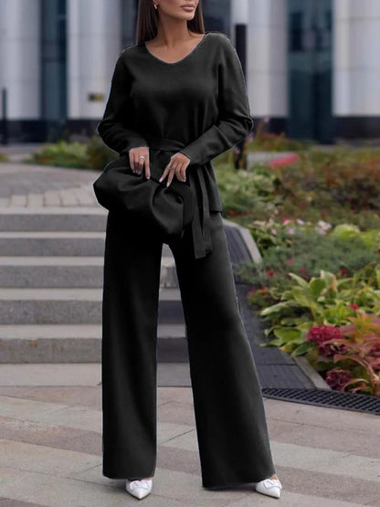 V-Neck Long Sleeve Top and Drawstring Pants Sweater Set Black One Size Easy Apparels