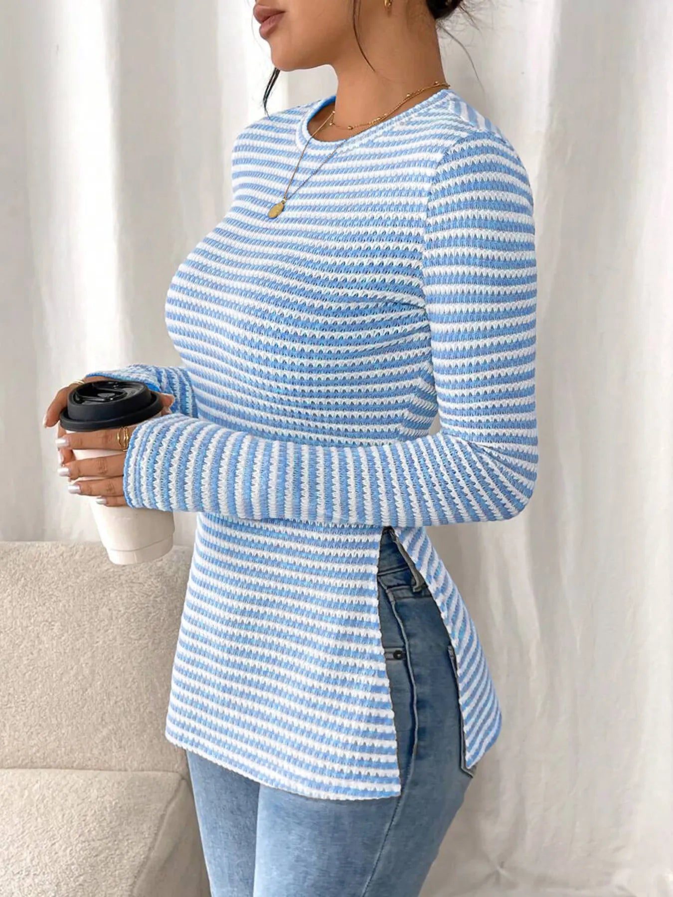 Trendsi Side Slit Striped Long Sleeve T-Shirt