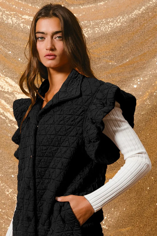 BiBi Quilting Knit Ruffle Sleeve Vest BLACK Easy Apparels
