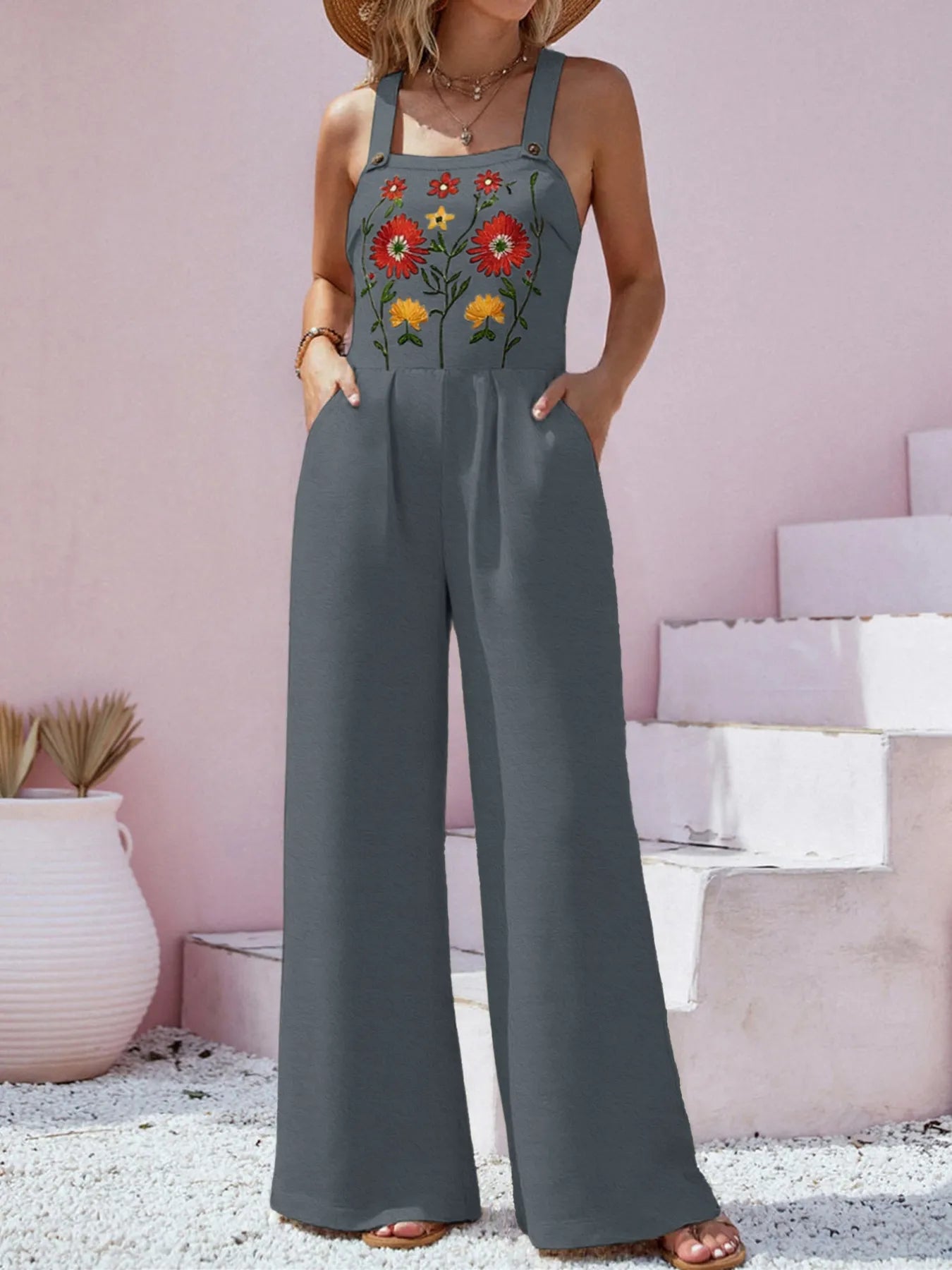 Floral Embroidered Wide Leg Jumpsuit Dark Gray Easy Apparels