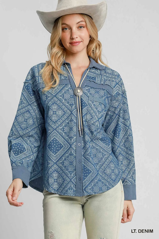 Umgee Paisley Print Denim Shirt Jacket LT. DENIM Easy Apparels