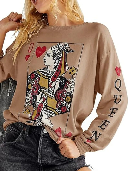 Trendsi Queen of Hearts Playing Card Graphic Round Neck Sweatshirt Khaki