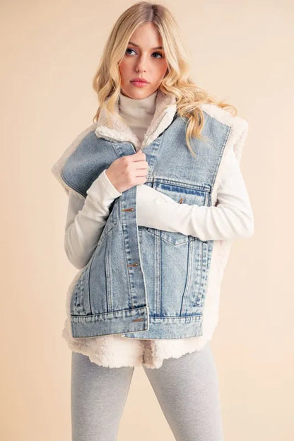 Aemi + Co Fake Two Pieces Denim Patch Sherpa Vest Coat Easy Apparels