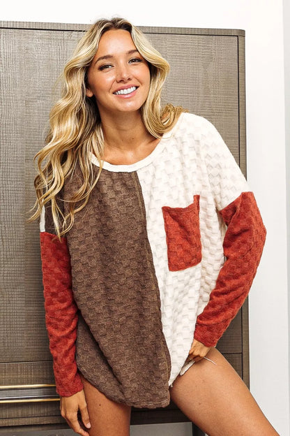 Trendsi BiBi Color Block Brushed Checker Top