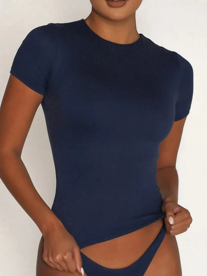 Round Neck Short Sleeve Swim Top Dark Blue Easy Apparels