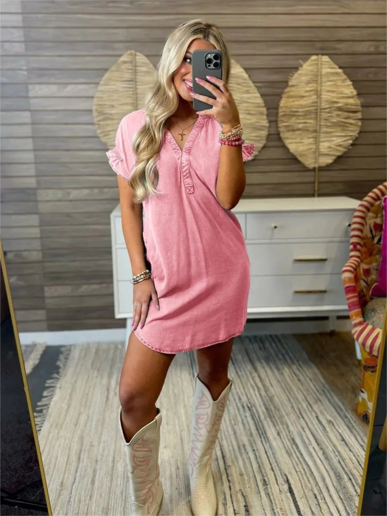 Full Size V-Neck Short Sleeve Denim Dress Plus Size Pink Easy Apparels