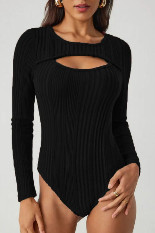 Trendsi Ribbed Cutout Round Neck Bodysuit Black