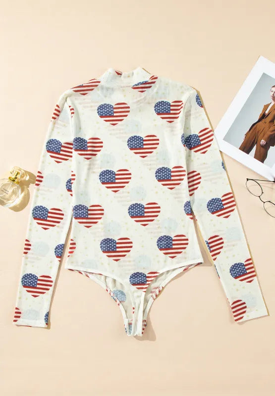 Trendsi US Flag Heart Mock Neck Long Sleeve Bodysuit