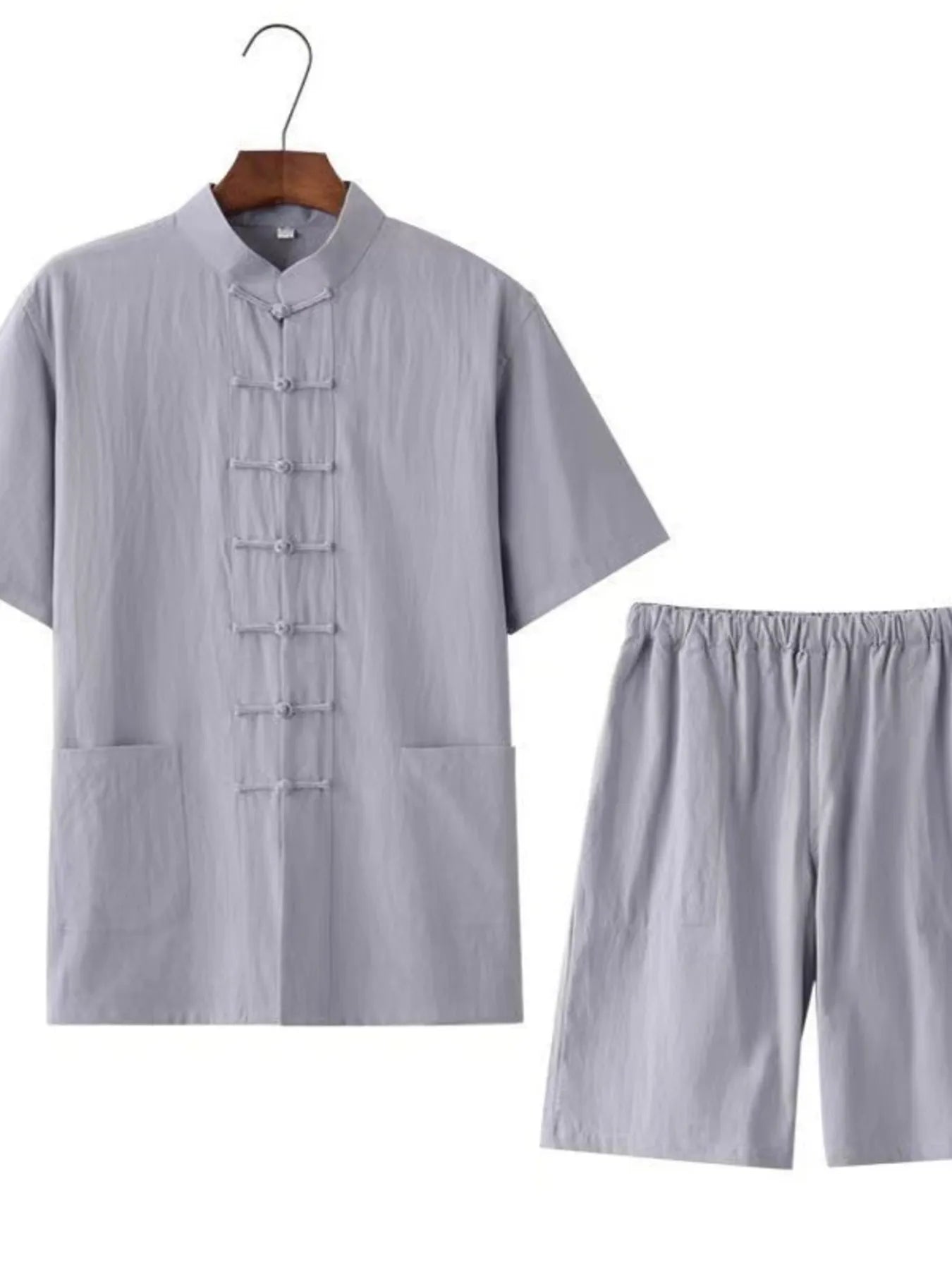 Men's Plus Size Chinese Style Top and Shorts Set Gray Easy Apparels