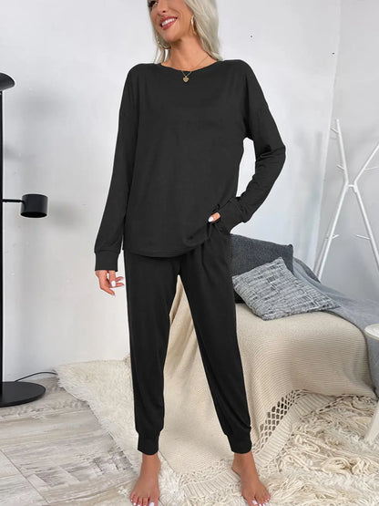 Shiny Round Neck Top and Drawstring Pants Lounge Set Easy Apparels