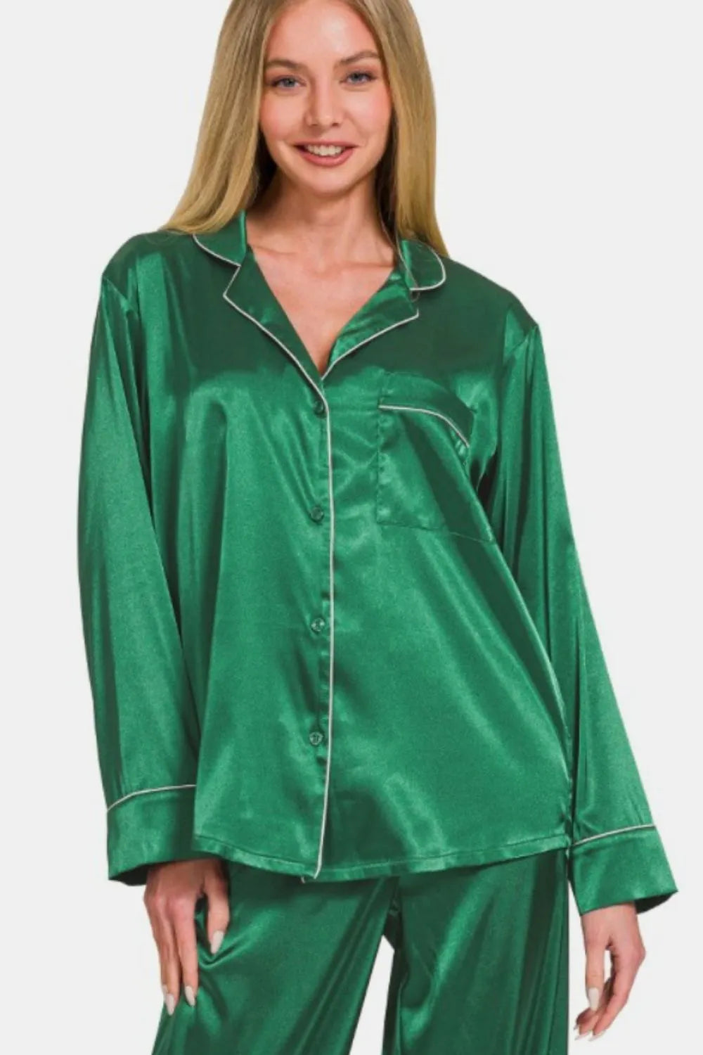 Zenana Satin Long Sleeve Shirt and Pants Pajama Set Easy Apparels