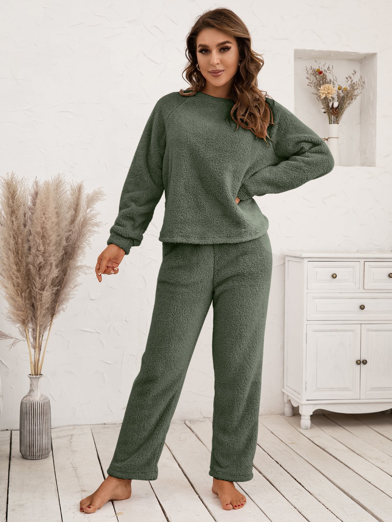 Ivy Lane Teddy Long Sleeve Top and Pants Lounge Set Easy Apparels