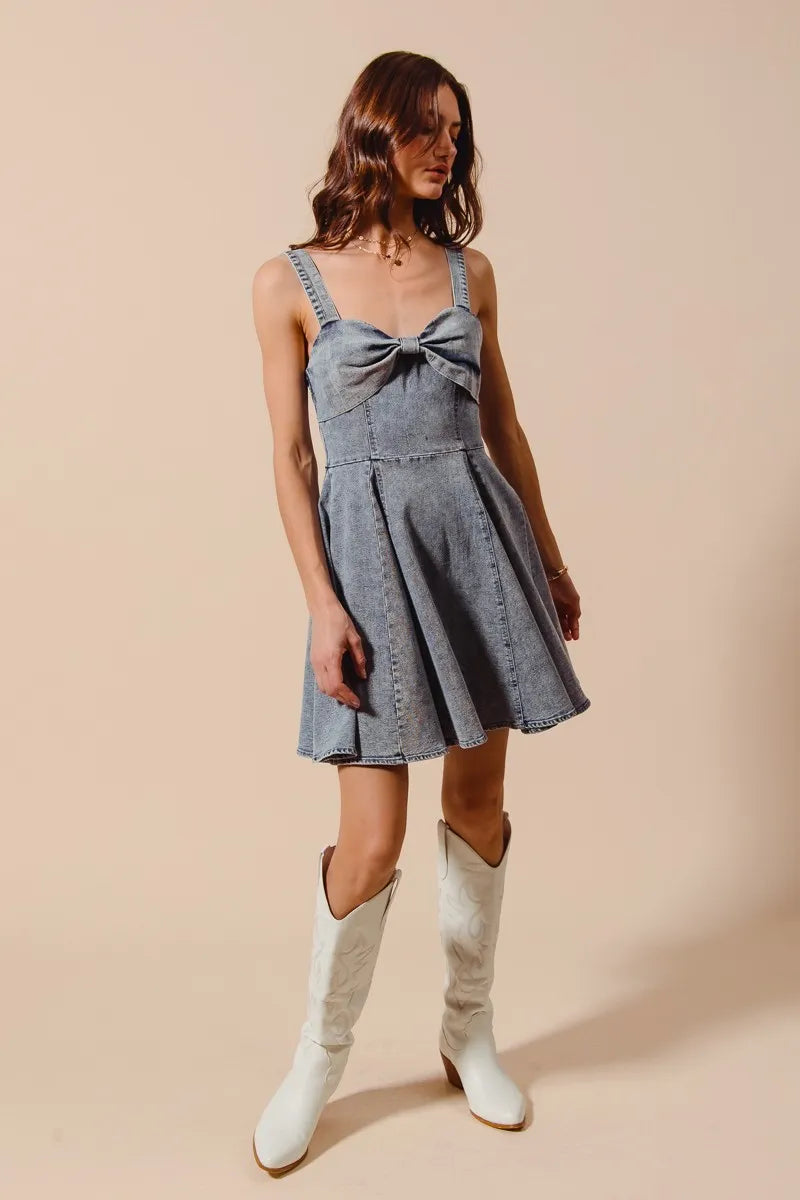 SO ME Mineral Washed Bow Ribbon Denim Flare Dress Easy Apparels