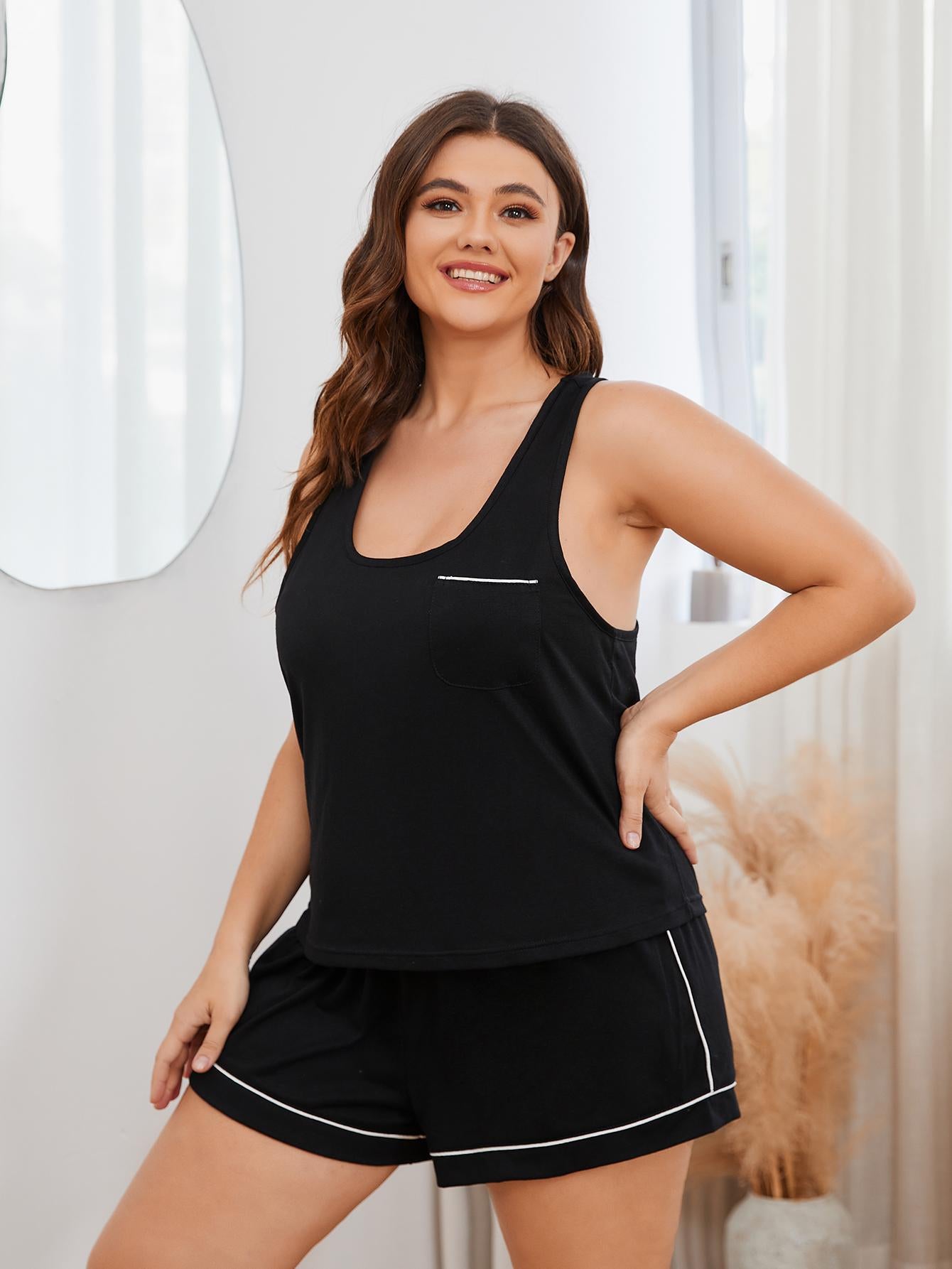 Plus Size Contrast Piping Racerback Tank and Shorts Lounge Set Easy Apparels