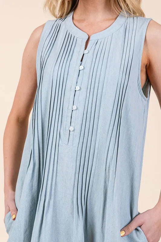 Lime 'N' Chili Denim Pintuck Detail Sleeveless Midi Dress Easy Apparels