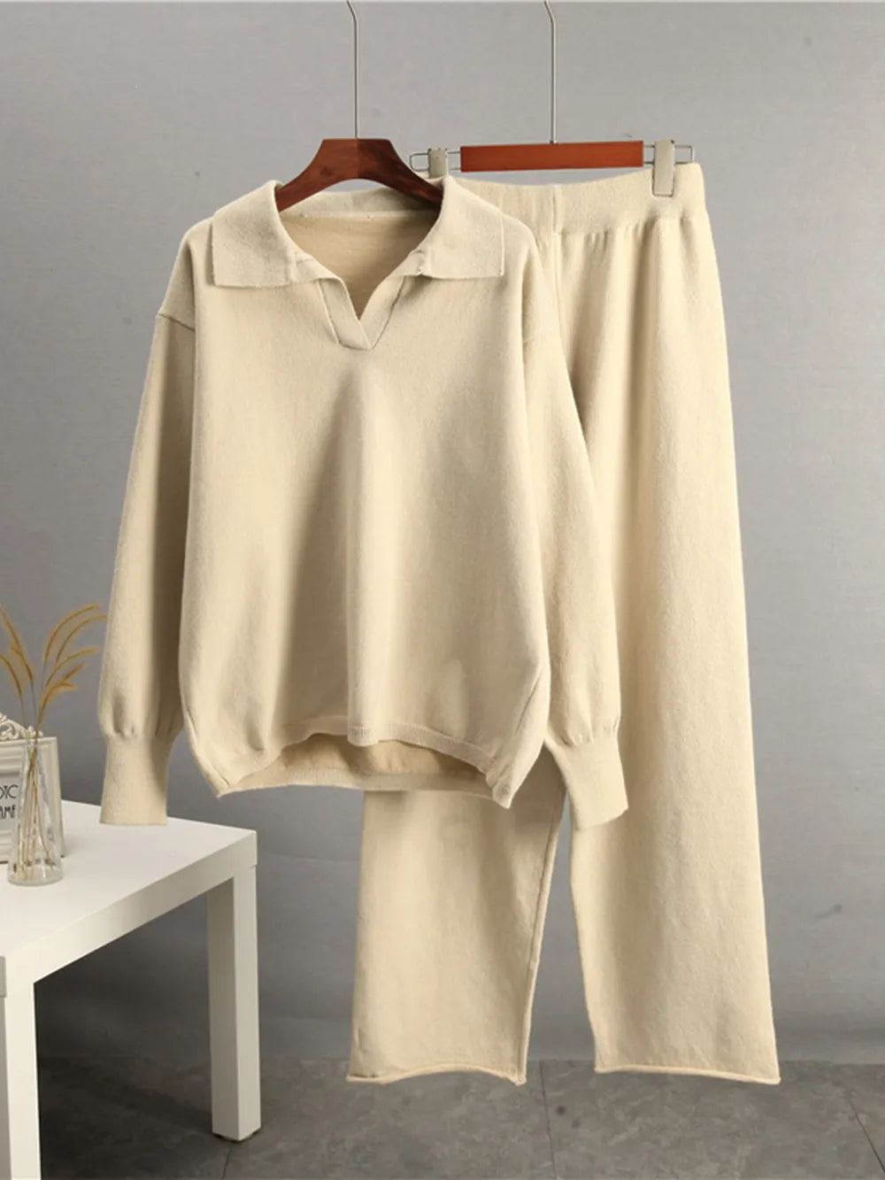 Johnny Collar Long Sleeve Top and Pants Sweater Set Easy Apparels