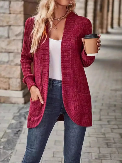 Ribbed Open Front Long Cardigan with Pockets Easy Apparels
