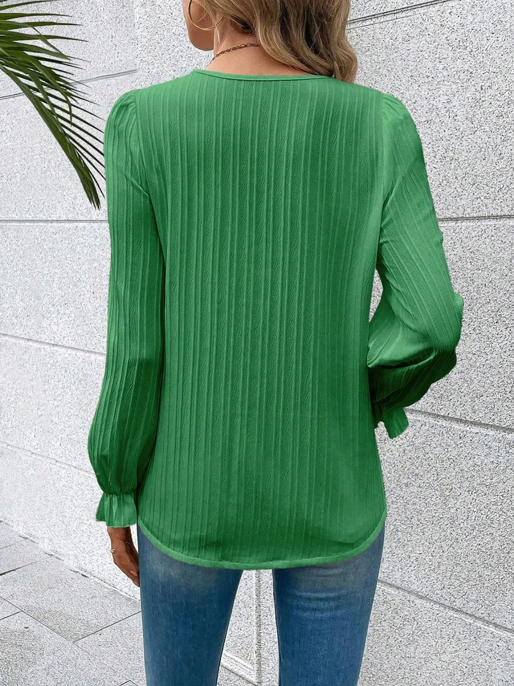 Trendsi V-Neck Lace Detail Flounce Sleeve Blouse