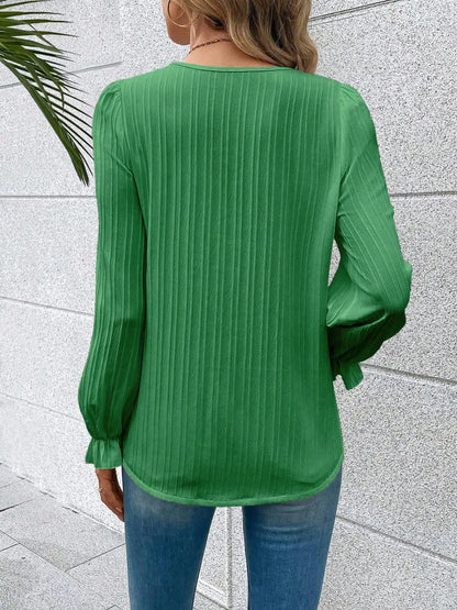 Trendsi V-Neck Lace Detail Flounce Sleeve Blouse