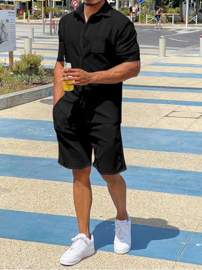 Men's Plus Size Button Up Shirt and Shorts Set Black Easy Apparels