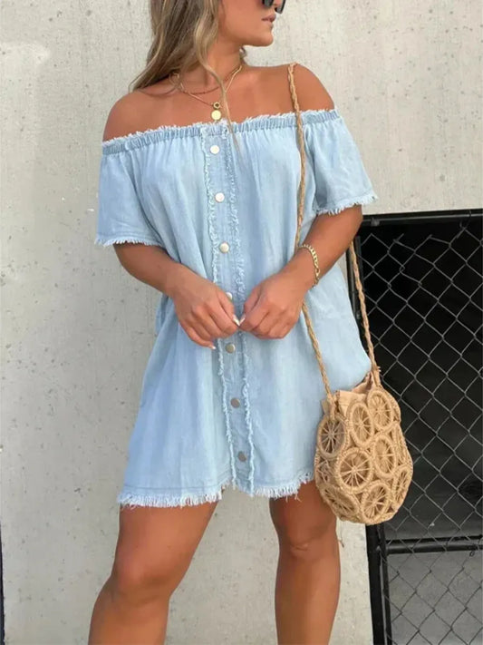 Full Size Raw Hem Mini Denim Dress Plus Size Light Blue Easy Apparels